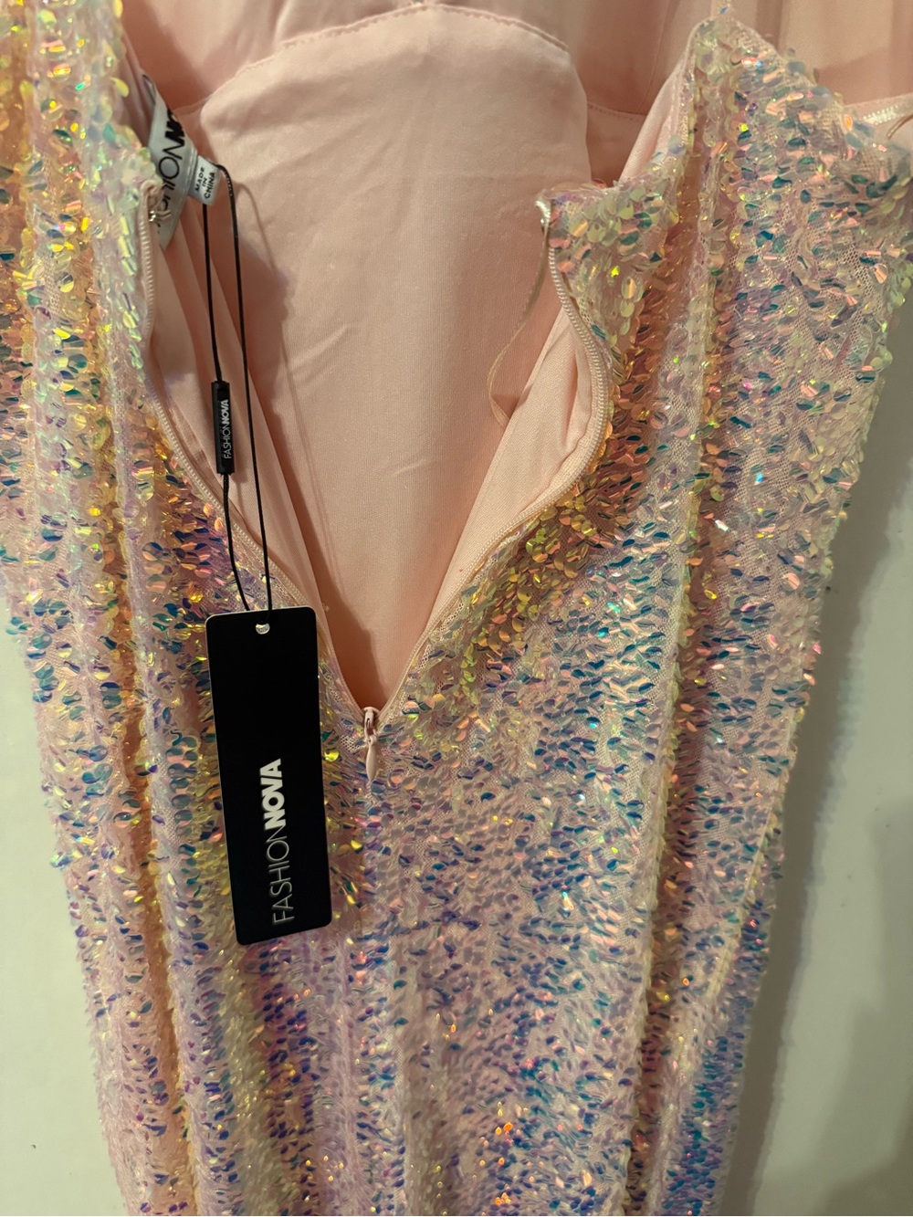 Fashion Nova Iridescent Sequin Slip Dress in Pink and Gold - Picture 5 of 7